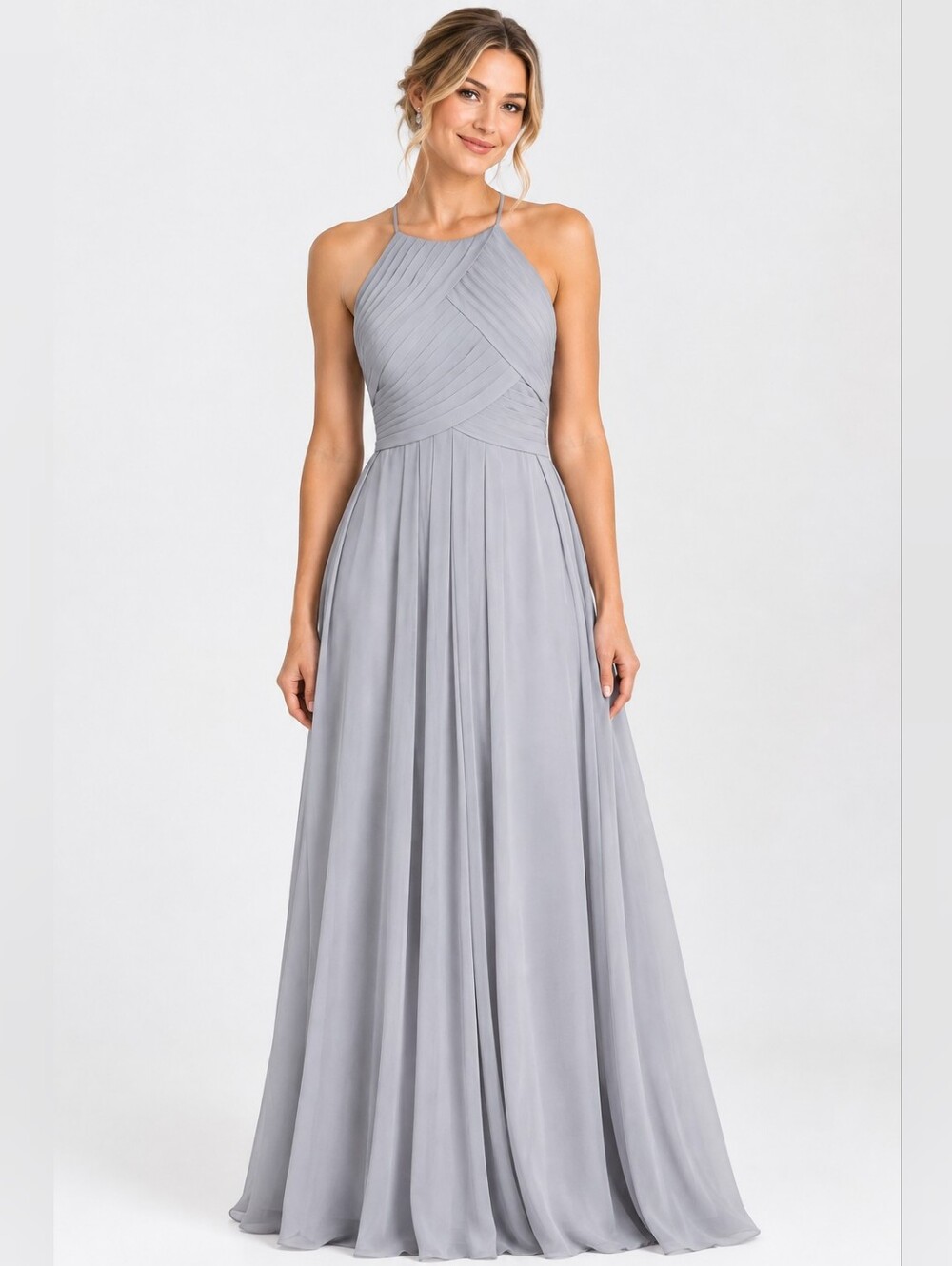 Azazie A14 Silver Gray Chiffon Halter Maxi Dress Pleated Bridesmaid Formal Gown